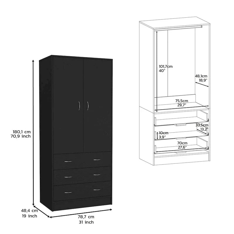 Modern 2-Door Wardrobe with 3 Drawers and 1 Hanging Rail